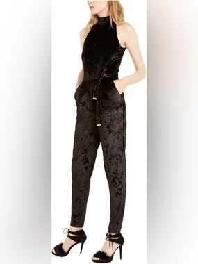 MICHAEL Michael Kors Black Velvet High-Neck Jumpsuit with belt